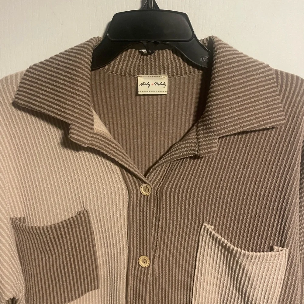 Relaxed Fit Button Down Ribbed Shacket, Two Toned, Taupe/Tan, oversized, small - Picture 6 of 7